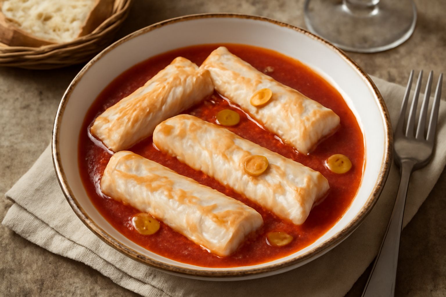 Filetti di pesce sciabola in umido in una ciotola di ceramica bianca con sugo di pomodoro rosso, fettine di aglio e prezzemolo fresco, contornati da pane tostato sul lato