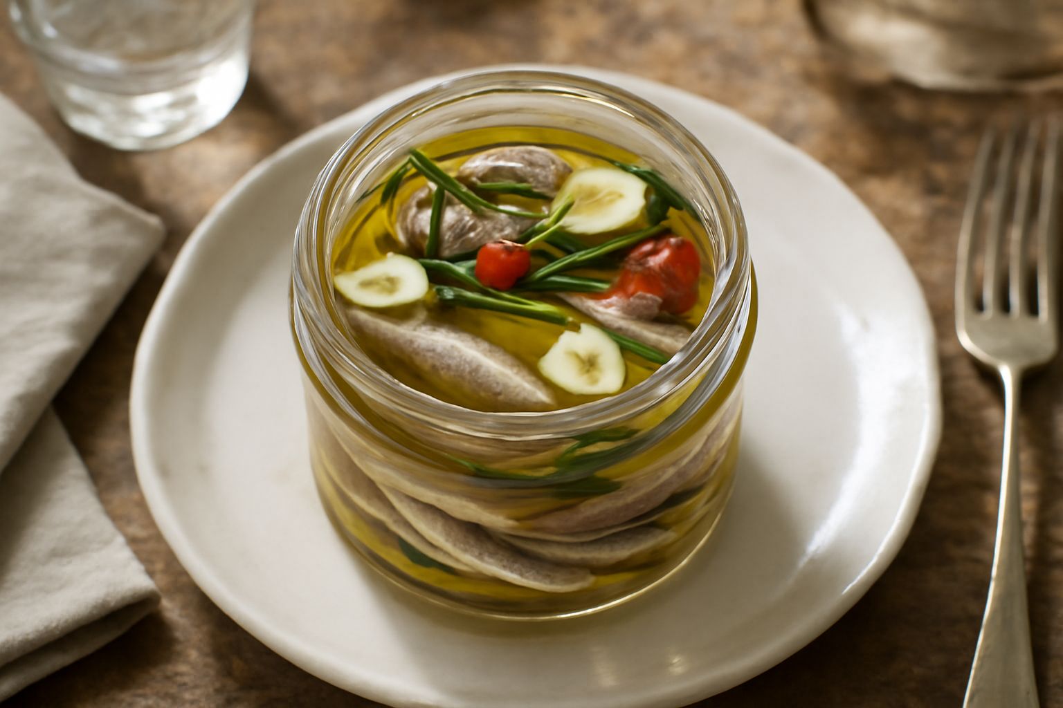 Vasetto di vetro trasparente con pesce sott'olio: filetti color argento brillante immersi in olio dorato, guarniti con rametti di rosmarino, spicchi d'aglio bianco e peperoncini rossi, su sfondo bianc