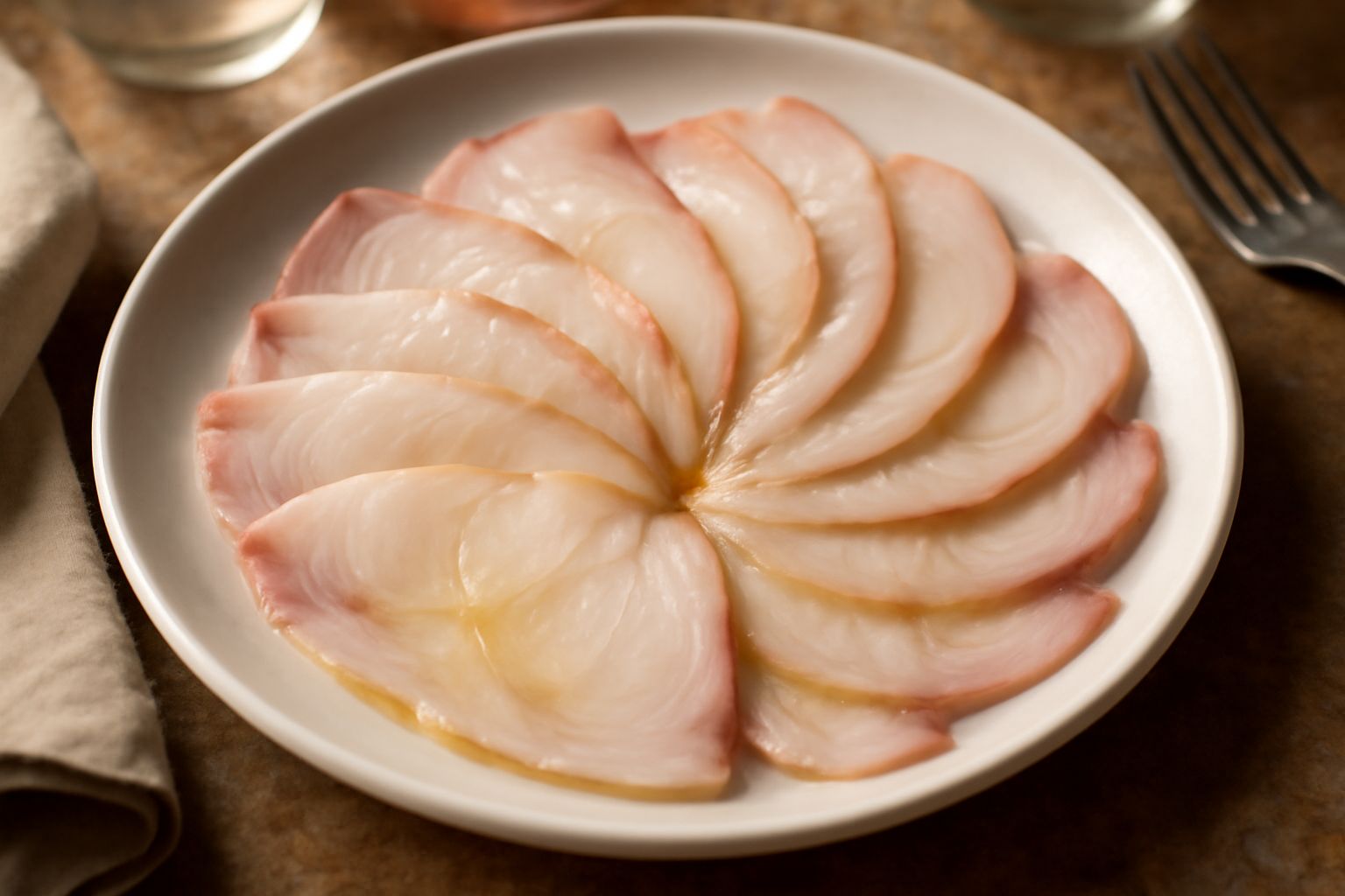 Fette sottili di pesce spada crudo disposte a ventaglio su un piatto bianco, condite con gocce di olio d'oliva, limone tagliato a spicchi e prezzemolo fresco tritato
