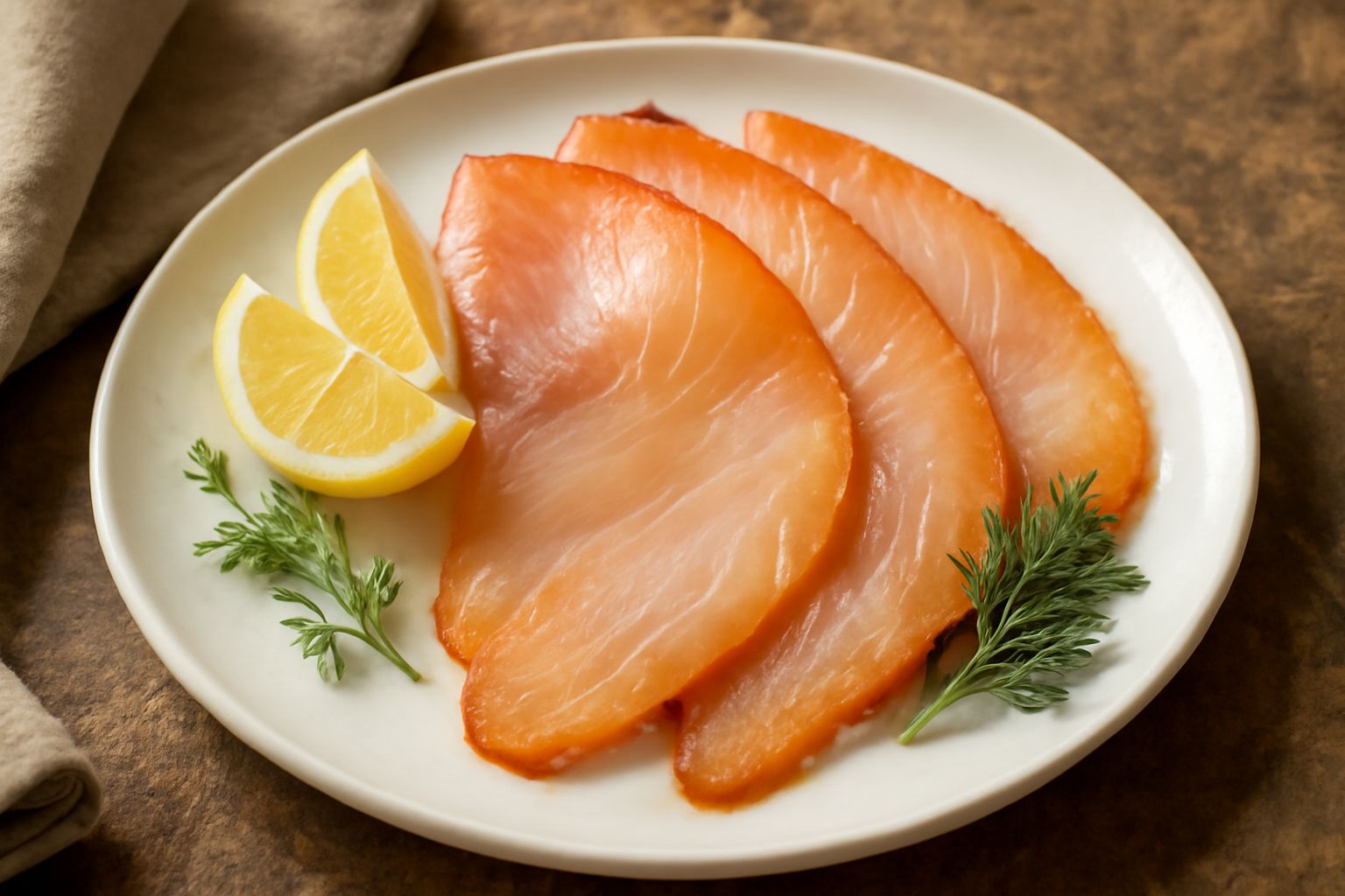 Fette di pesce spada affumicato dal colore rosa-beige con riflessi dorate, disposte a ventaglio su un piatto bianco con limone fresco e aneto, accompagnate da pane tostato