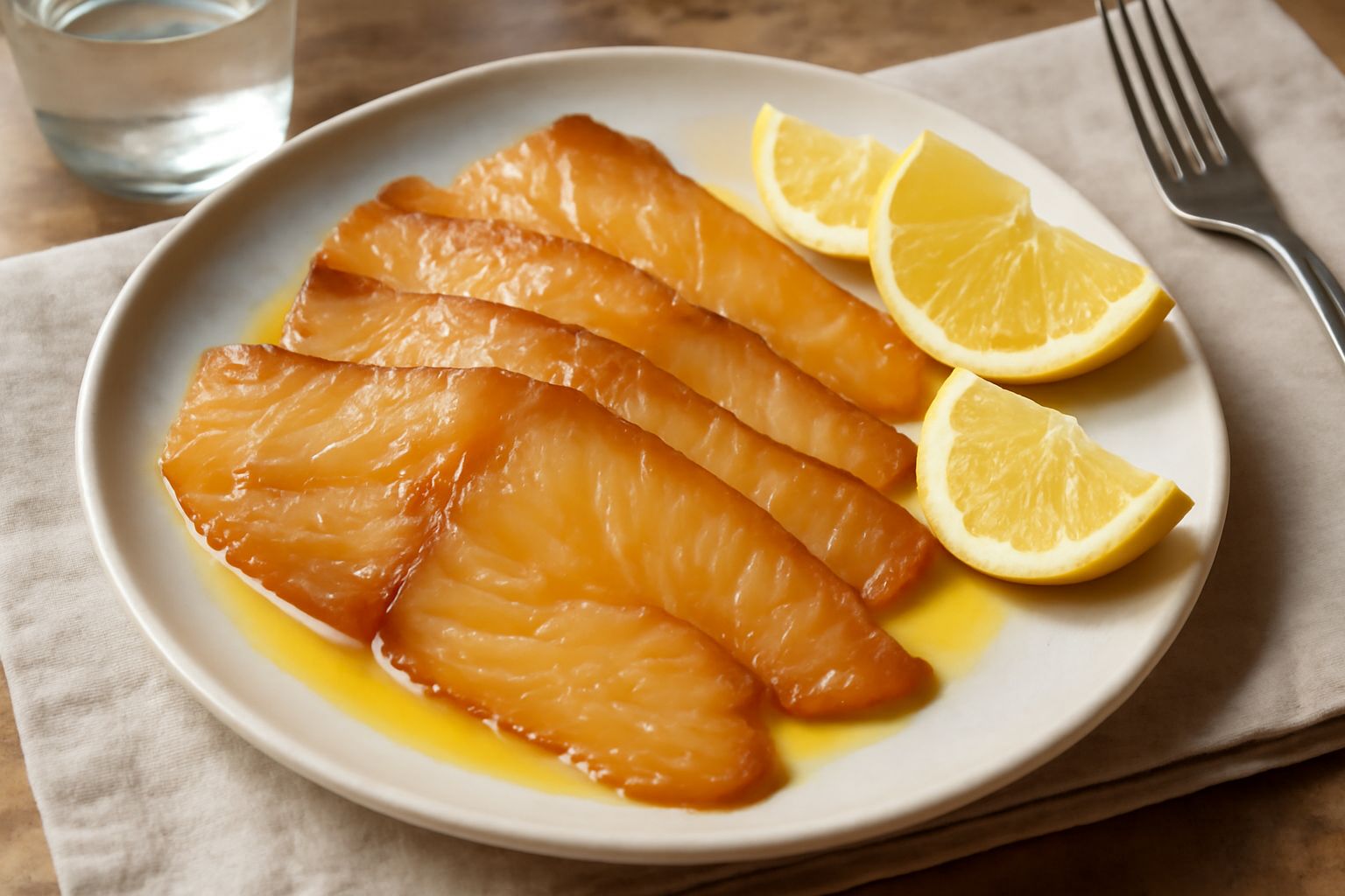 Fette di pesce spada affumicato color ambra dorato disposte su piatto bianco con spicchi di limone fresco, olio d'oliva trasparente che luccica sulla superficie, erba cipollina e sale marino
