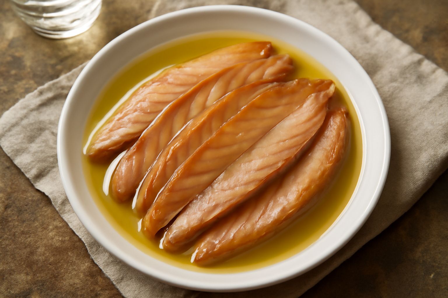 Filetti di pesce spada affumicato dal colore dorato rosato, disposti in un barattolo di vetro trasparente coperto d'olio d'oliva, con sfumature ambrate alla luce, accanto a fette di pane tostato e ros
