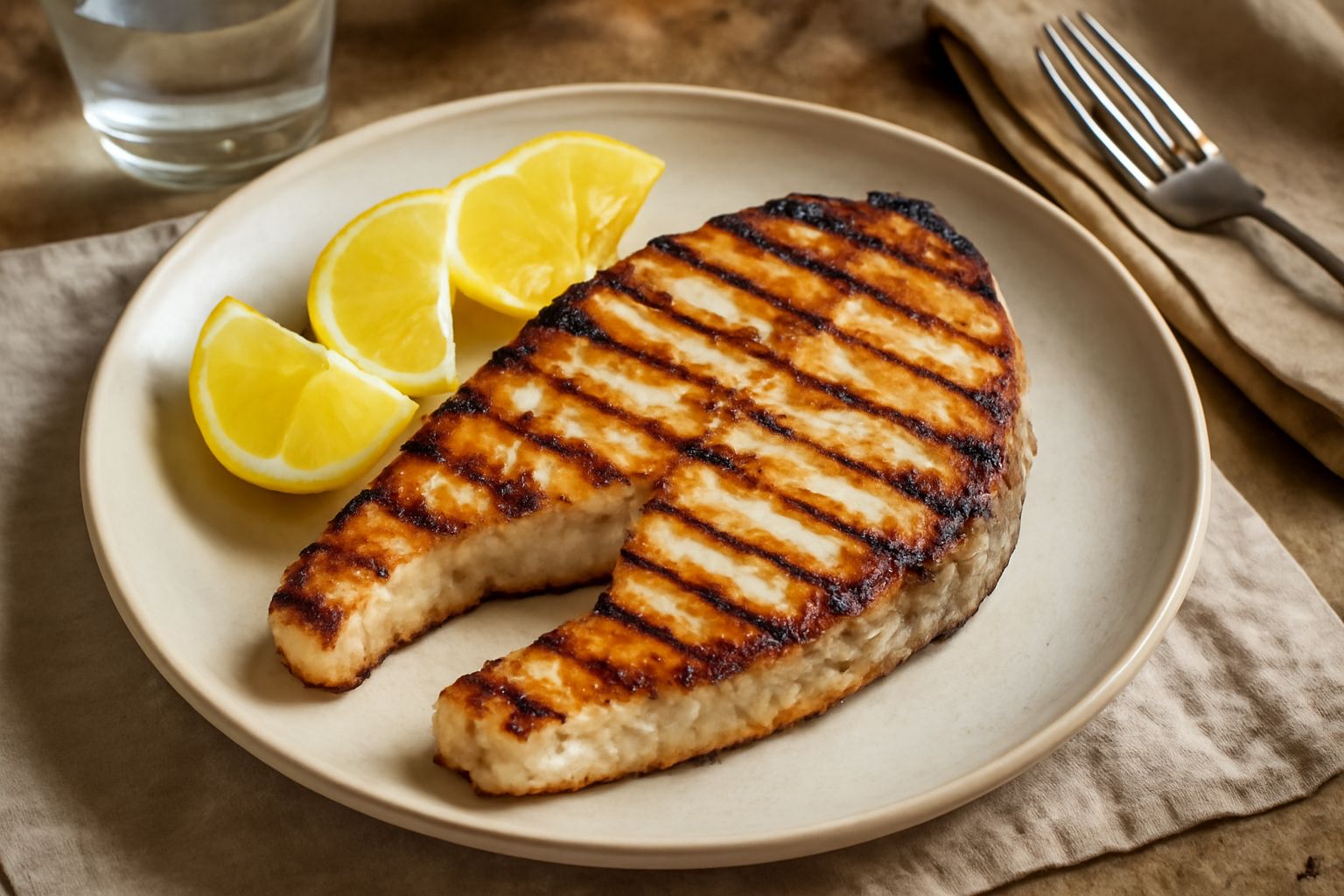 Fetta di pesce spada grigliata, color bianco avorio con righe scure della griglia, servita su piatto bianco con spicchi di limone fresco e prezzemolo tritato