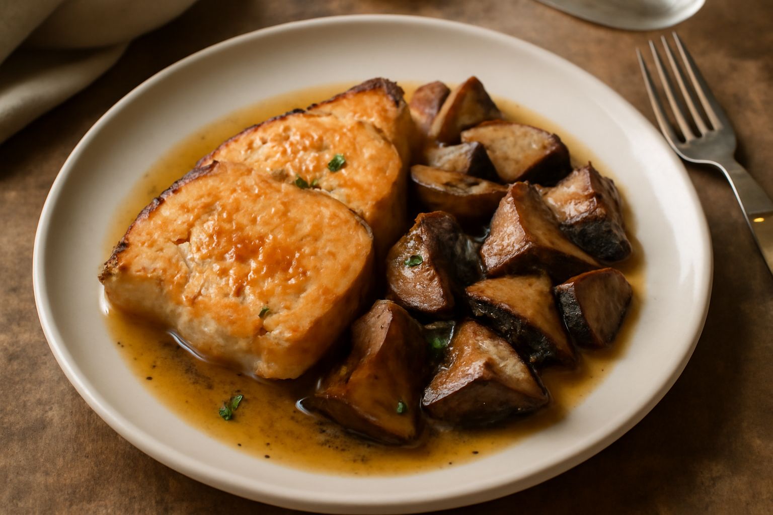 Filetto di pesce spada dorato in un piatto bianco con funghi porcini trifolati di colore marrone scuro, prezzemolo fresco verde e un filo di olio extravergine
