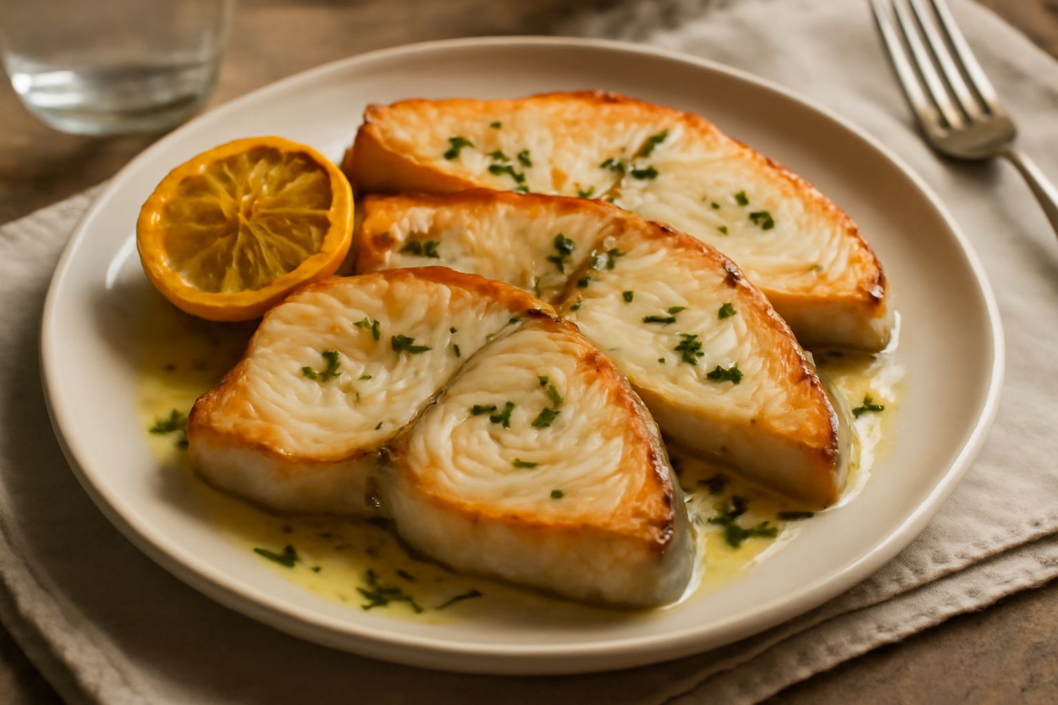 Fette di pesce spada dorate al forno su carta da cucina, con limone a rondelle, rametti di rosmarino fresco e un filo di olio extravergine