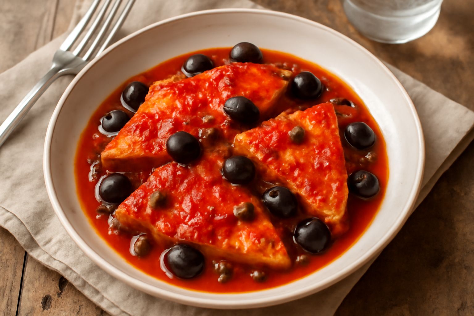 Filetti di pesce spada rosso cucinati in umido con salsa di pomodoro, olive nere snocciolate e capperi, impiattati in un piatto bianco fondo con contorno di prezzemolo fresco