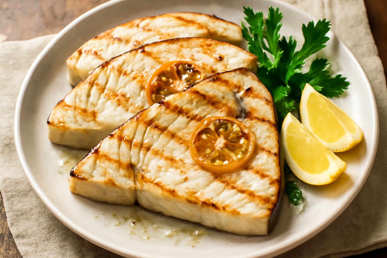 Fette di pesce spada grigliate su brace, color bianco avorio con leggere righe di carbonizzazione, guarnite con limone fresco e prezzemolo, su piatto bianco con contorno di verdure grigliate
