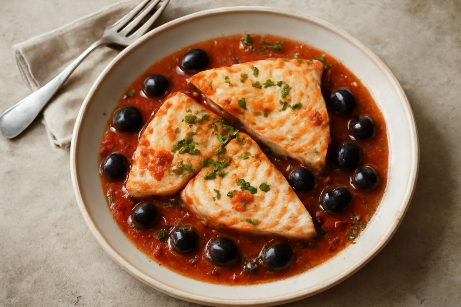 Fette di pesce spada dorate su fondo di salsa rossa con olive nere intere, capperi verdi e acciughe, guarnite di prezzemolo fresco, in piatto di ceramica bianca