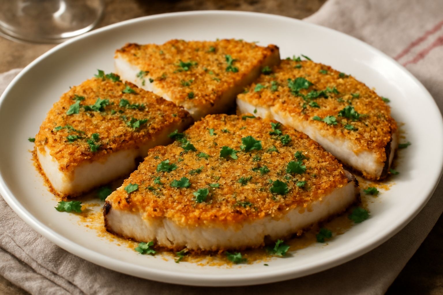 Pesce spada gratinato in piatto bianco, crosta dorata di pangrattato con alone di olio, prezzemolo fresco verde, limone fresco accanto, superficie opaca e dorata