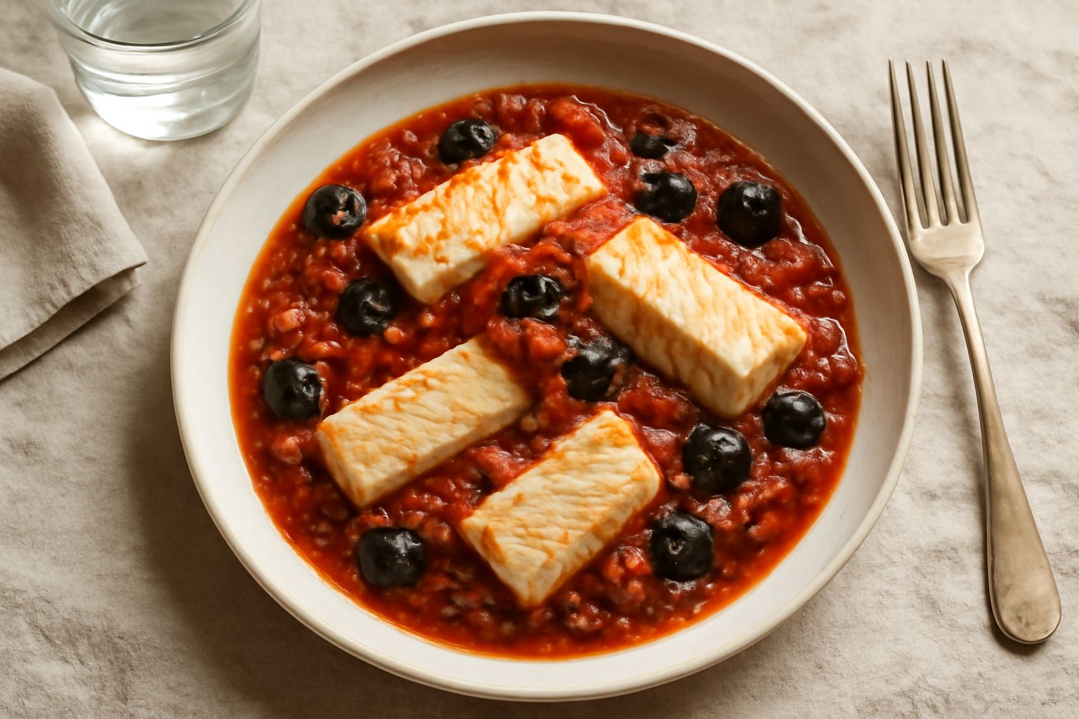 Filetti di pesce spada in salsa di pomodori rossi con olive nere, capperi e uvetta, serviti in un piatto bianco con contorno di verdure grigliate