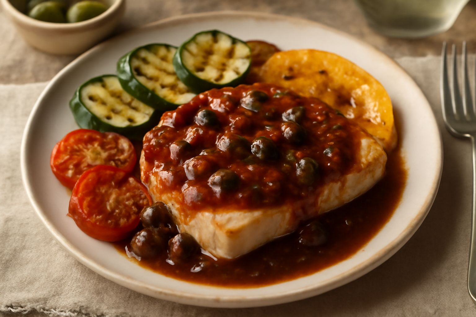 Fetta di pesce spada grigio pallido ricoperta di salsa marrone scuro con olive nere e capperi, su piatto bianco con contorno di verdure grigliate e pomodori maturi rossi ai lati
