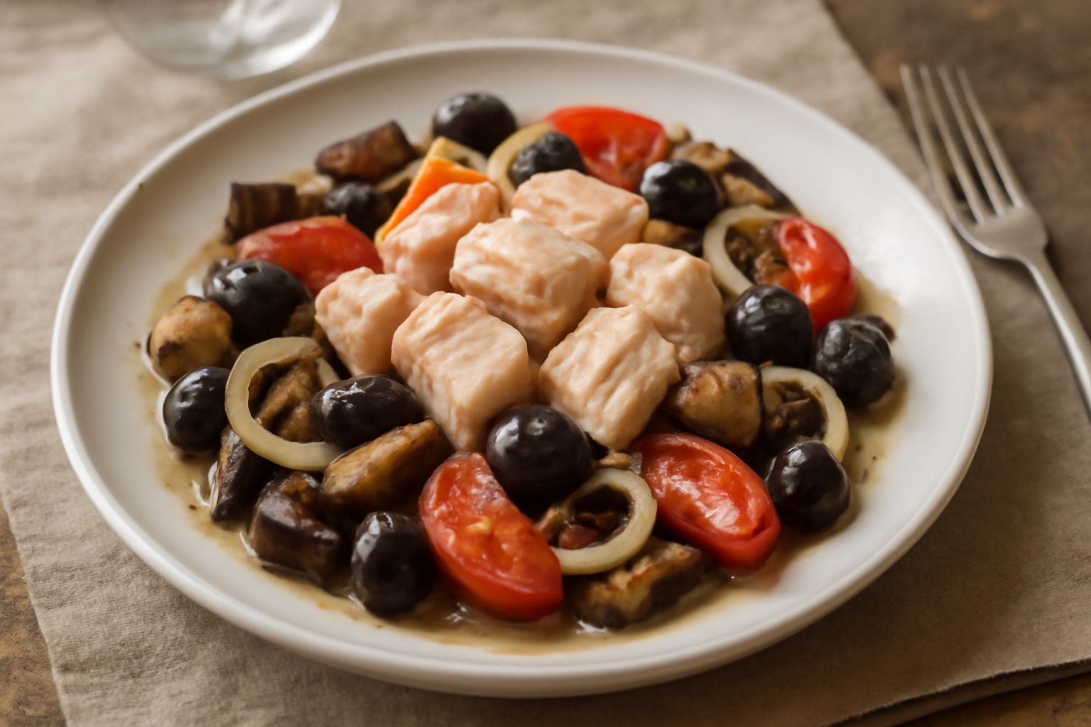 Pesce spada sfilettato bianco rosato disposto su piatto bianco con melanzane scure, olive nere, pomodori rossi e cipolla trasparente, condito con olio verde, accompagnato da fette di limone giallo e p