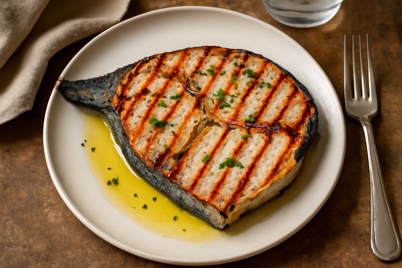 Fetta di pesce spada grigliate, dalla pelle dorata e leggermente affumicata, con segni di griglia paralleli, accompagnata da spicchi di limone fresco e qualche foglia di prezzemolo, su un piatto bianc