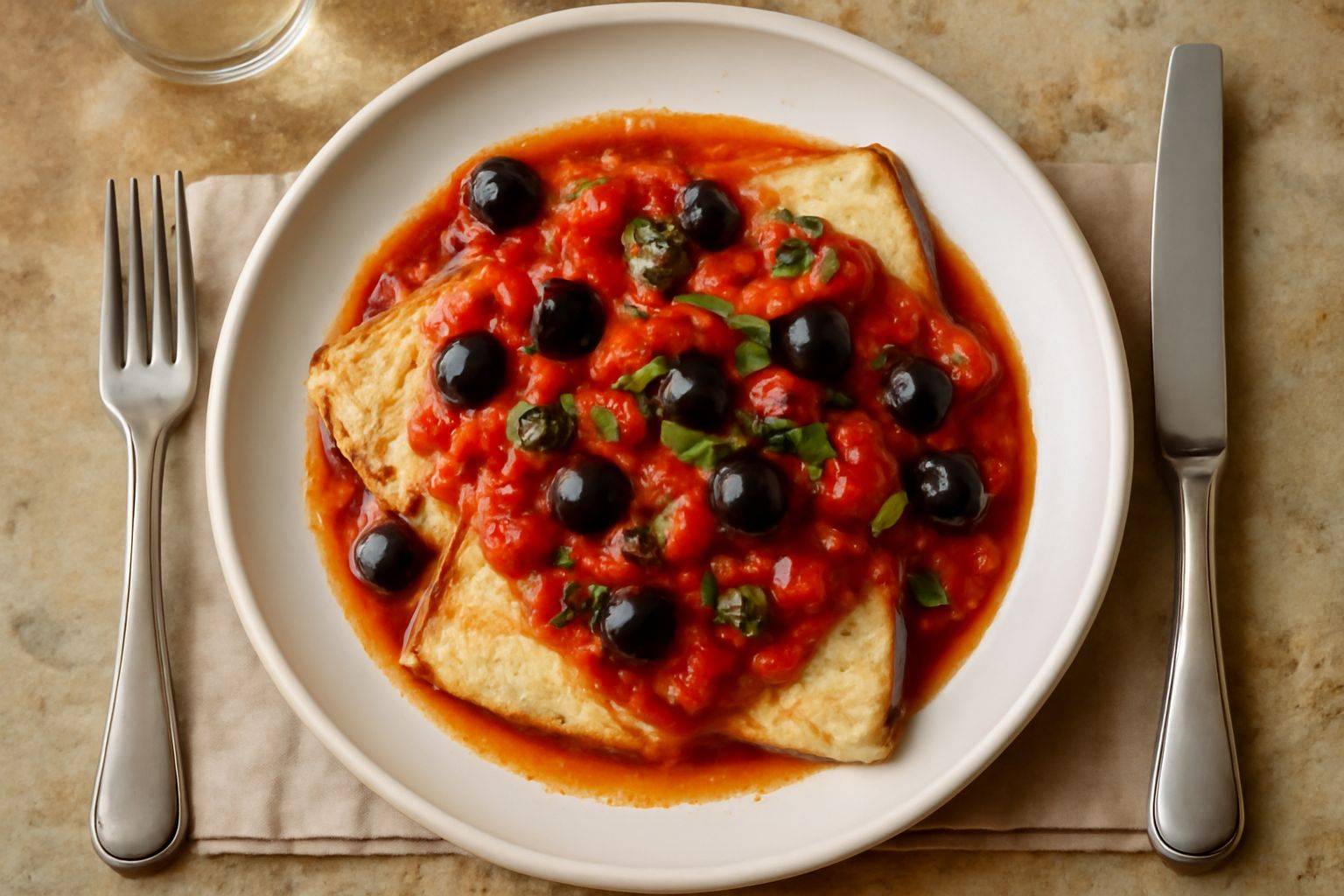 Fette di pesce spada dorato al forno con salsa rossa di pomodori, olive nere e capperi sparsi sopra, basilico fresco, impiattato in bianco con contorno di verdure verdi