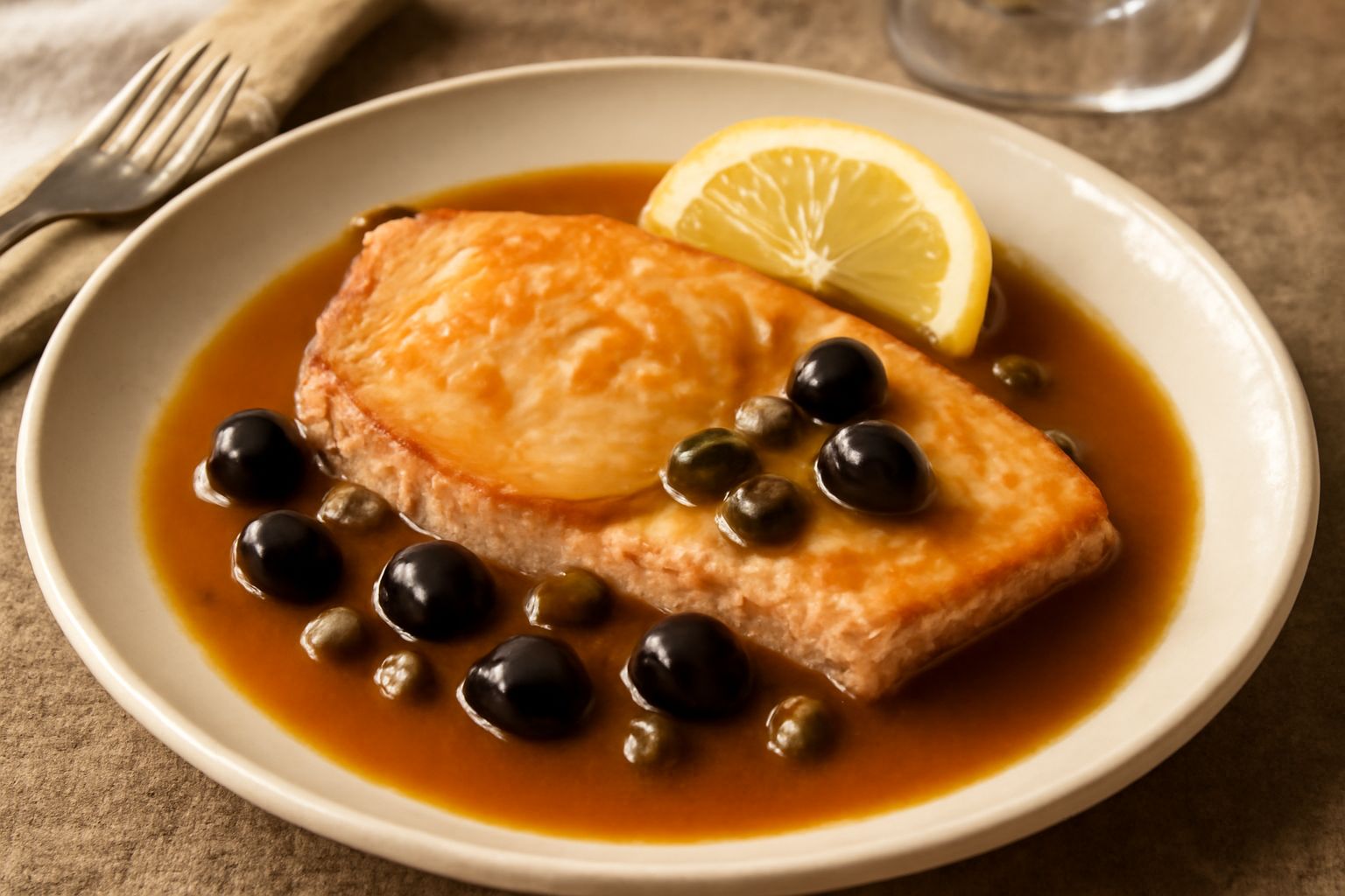 Filetto di pesce spada dorato e rosato in piatto fondo, circondato da salsa ambrata al Marsala, olive nere e capperi, con contorno di limone affettato