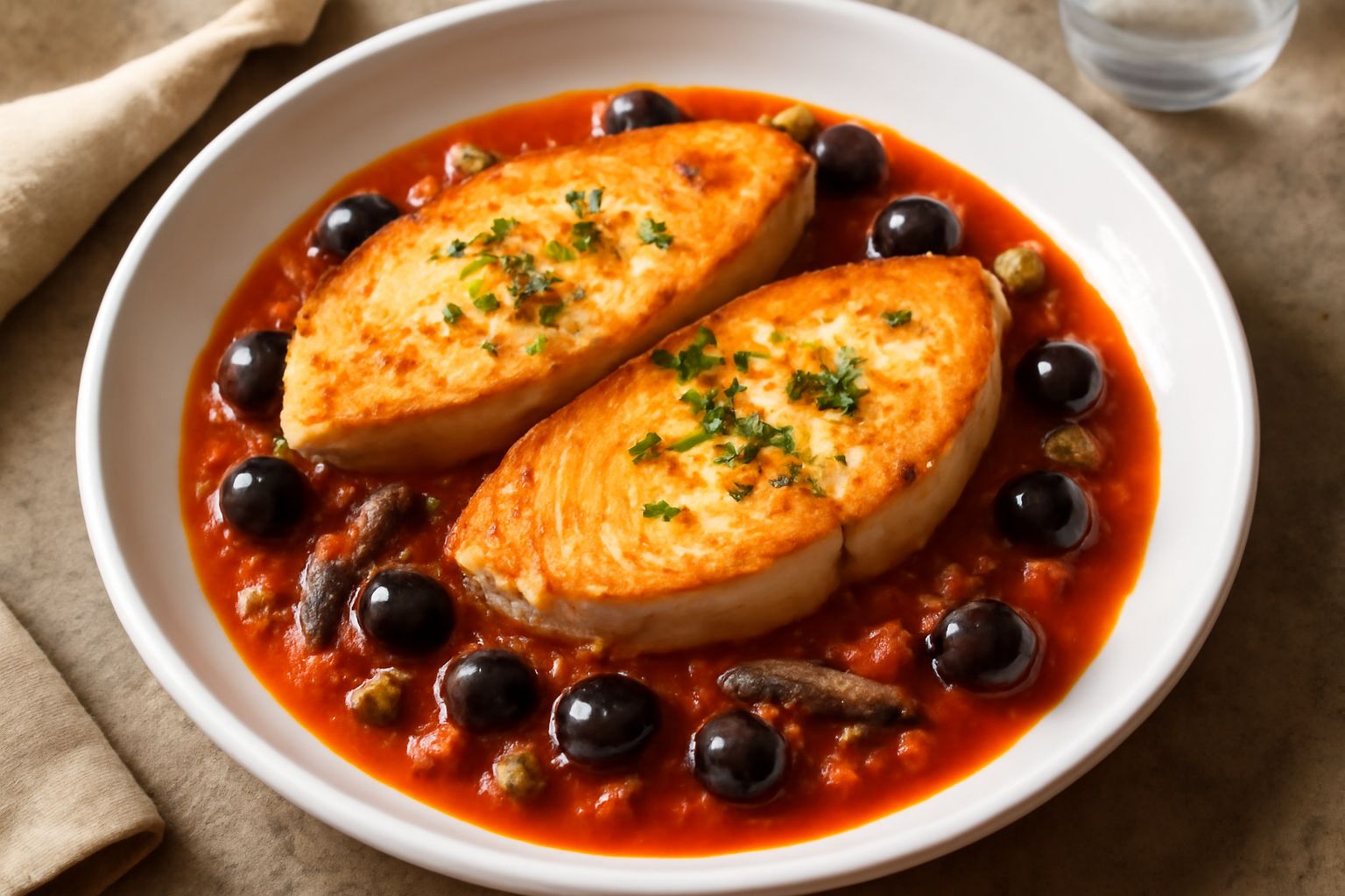 Due fette dorate di pesce spada in un piatto bianco con salsa di pomodori rossi, olive nere intere, filetti di acciuga e qualche cappero verde sparso, completato da prezzemolo fresco verde chiaro