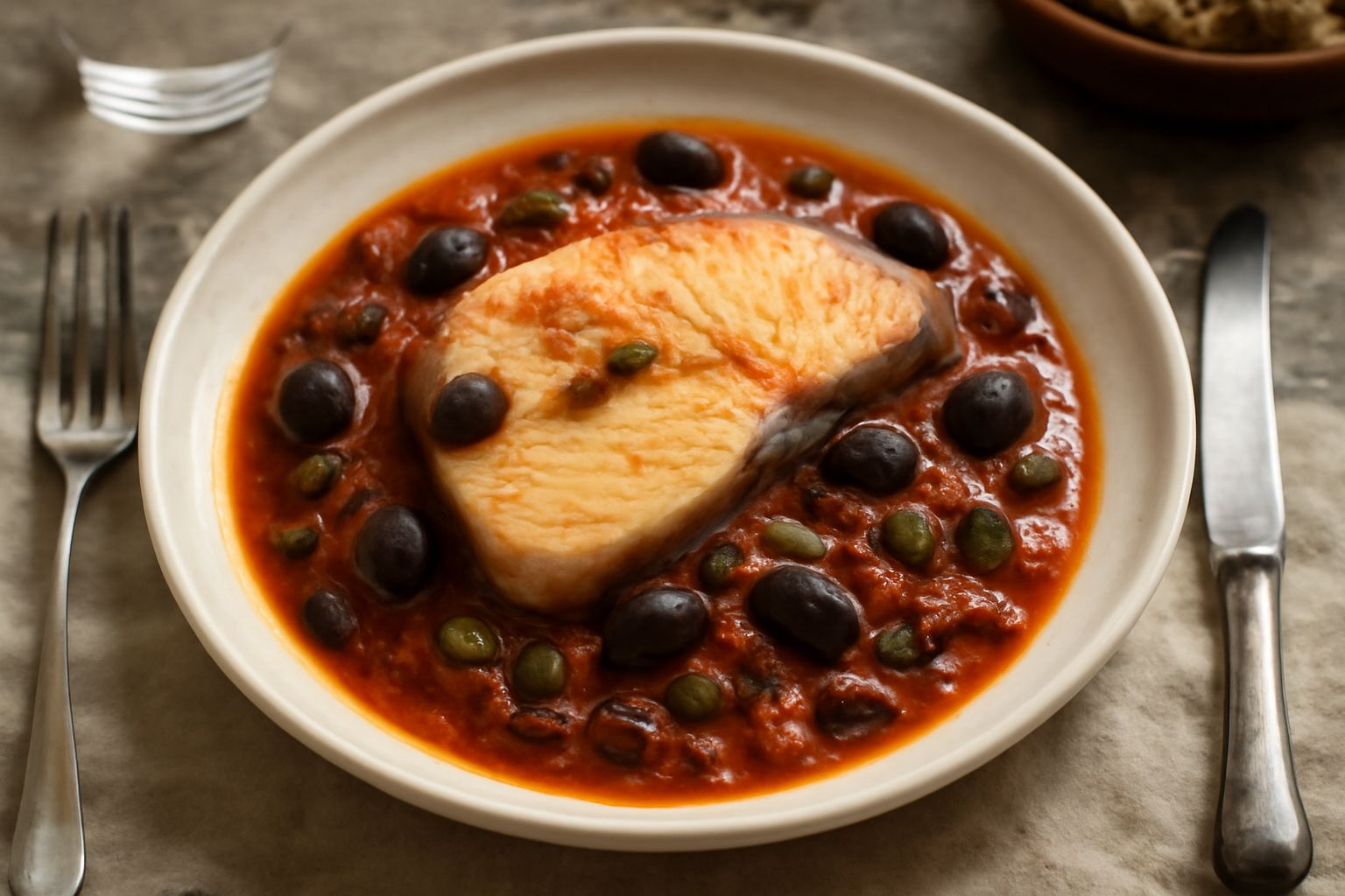Filetti di pesce spada dorato-rosato in salsa di pomodori rossi con olive nere lucide, capperi verde e qualche chicco di uvetta, su piatto bianco, con contorno di verdure grigie sullo sfondo