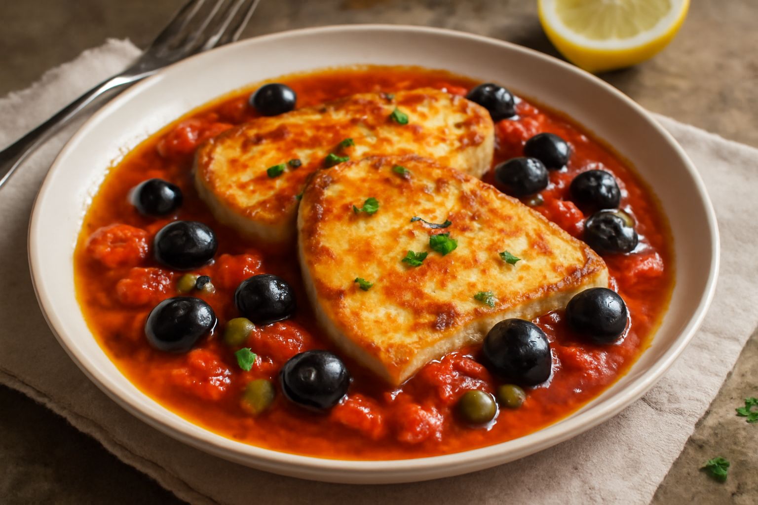 Fette di pesce spada dorate in un sugo rosso di pomodoro con olive nere intere e capperi verdi, adagiato su un piatto bianco con contorno di prezzemolo fresco