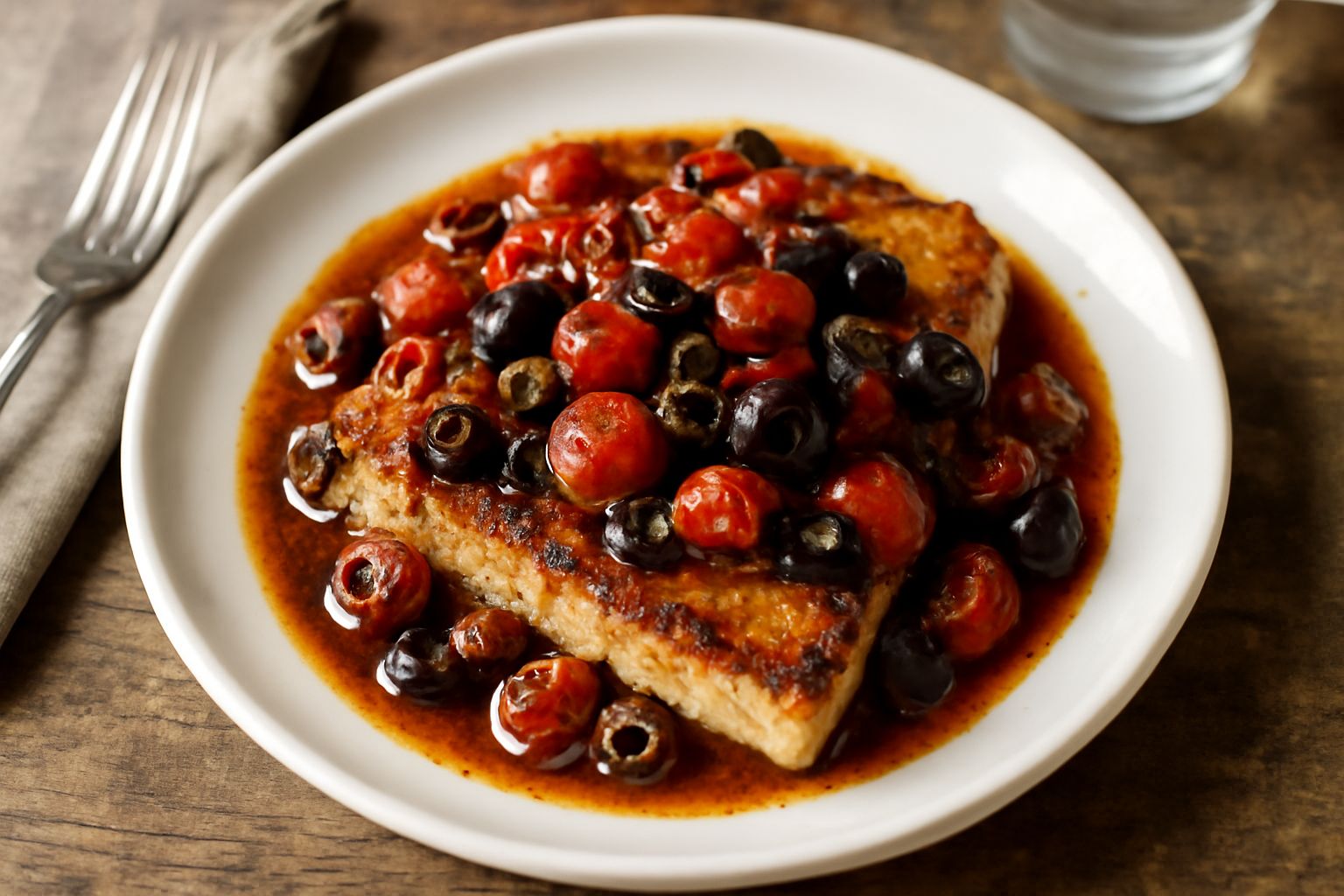 Filetti di pesce spada dorati e croccanti in superficie, ricoperti da una salsa scura con olive nere tagliate a metà, capperi piccoli e pomodorini rossi, impiattato su un piatto bianco con una spruzza