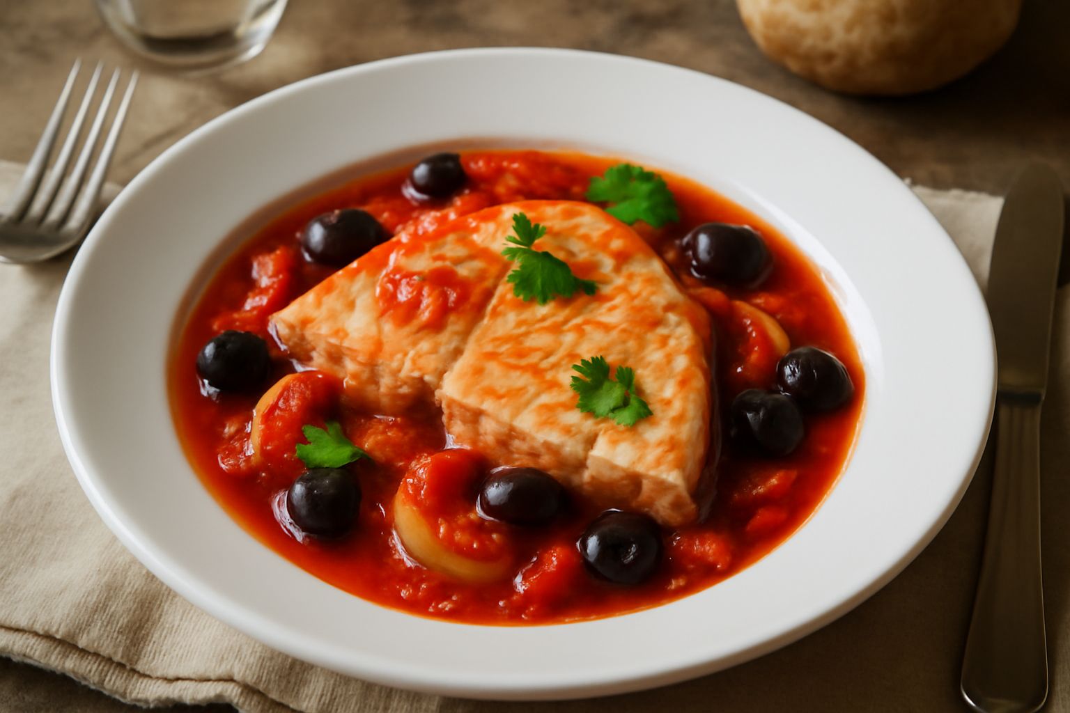 Un piatto bianco con trancio di pesce spada rosato e morbido, coperto da un sugo di pomodori freschi, olive nere e cipolla ammorbidita, con una fetta di limone sul bordo e prezzemolo tritato