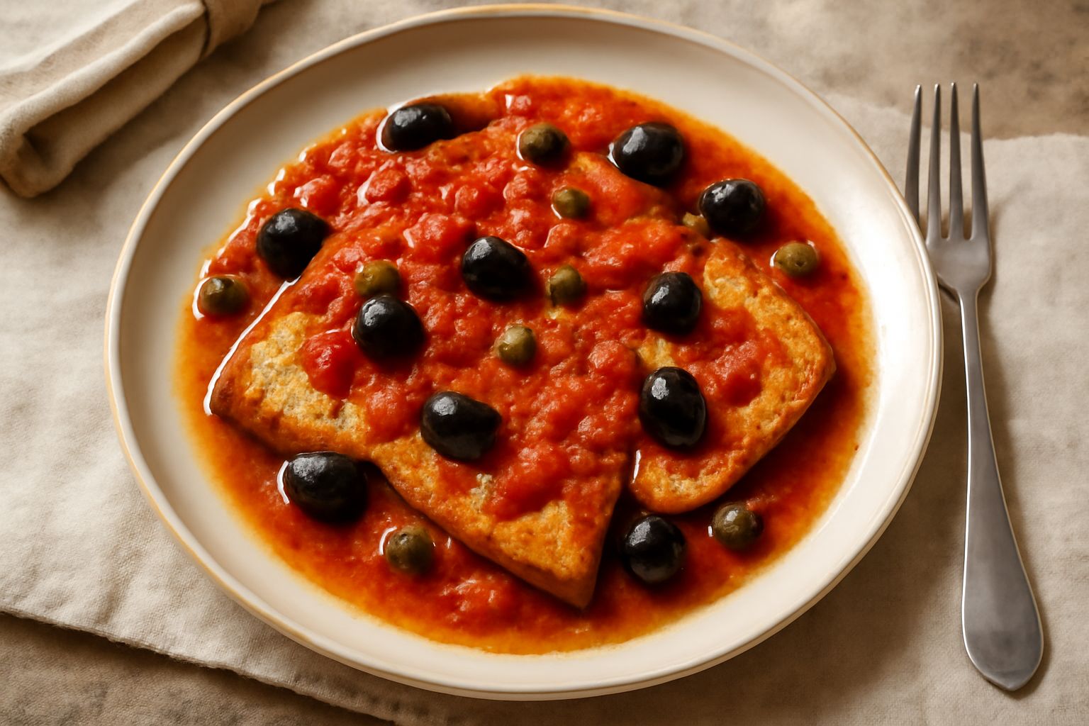 Fette di pesce spada dorate in un piatto bianco, coperte da un sugo rosso di pomodori con olive nere e capperi verdi, olio lucente in superficie, contorno di limone fresco al bordo