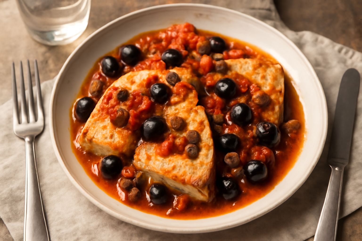Fette di pesce spada bianche e compatte coperte da un condimento rosso con olive nere e capperi, impiattato su piatto bianco con contorno di pomodori freschi e prezzemolo