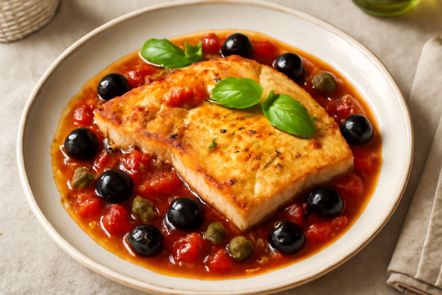 Fette di pesce spada dorate in padella con salsa di pomodori rossi, olive nere e capperi, contornate da basilico fresco e origano, servite in un piatto bianco