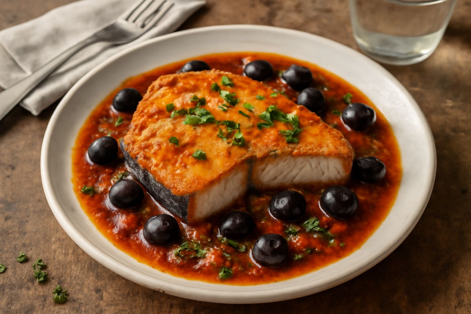 Fetta di pesce spada dorata in padella con sugo di pomodoro rosso vivo, olive nere e prezzemolo fresco, contornata da spicchi di limone