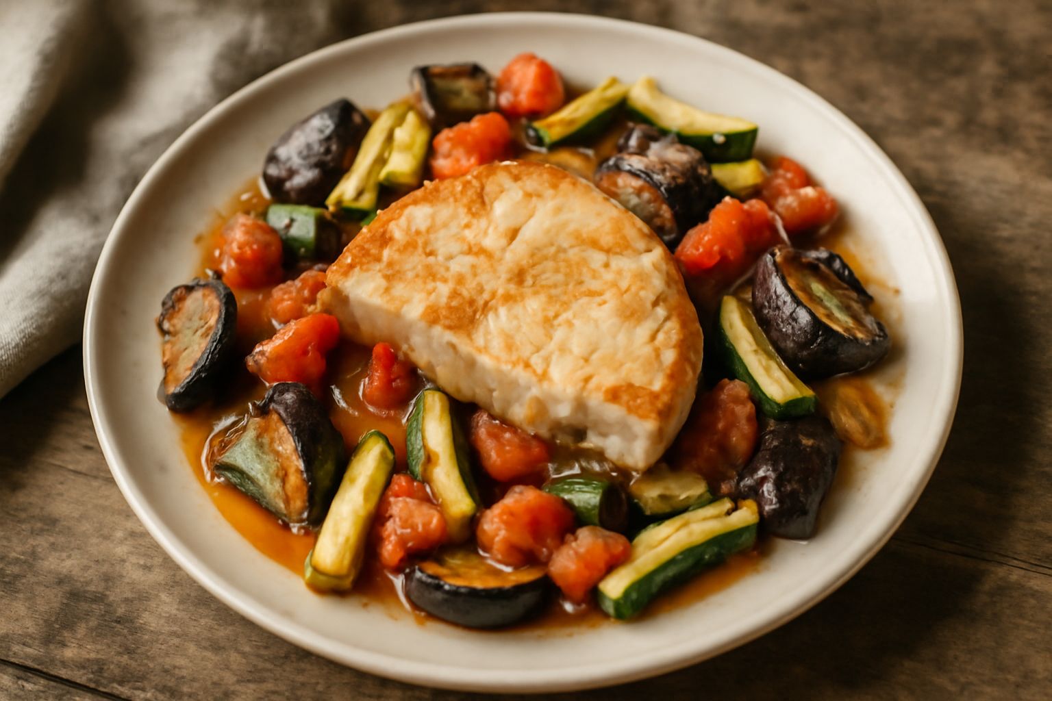 Pesce spada grigliato in padella con fette di melanzane grigliate viola scuro, zucchine tagliate a bastoncini dorati e pomodori freschi rossi, servito in piatto bianco con olio d'oliva e prezzemolo
