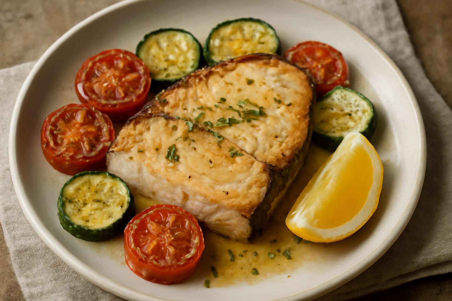 Filetto di pesce spada arrostito dorato, con margini leggermente croccanti, contornato da zucchine e pomodori grigliati, impiattato su un piatto bianco con fetta di limone