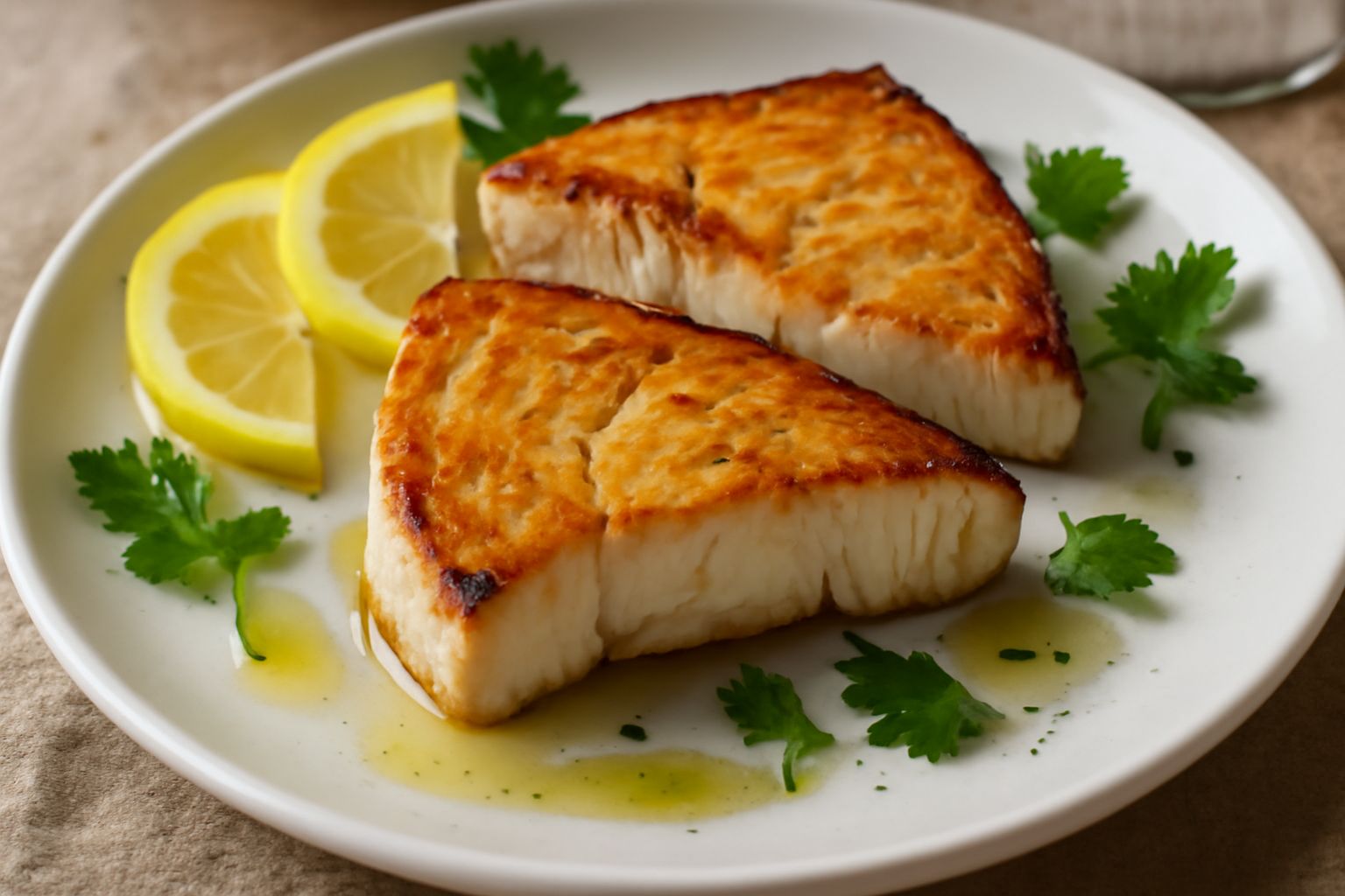 Pesce spada arrosto in forno: filetti dorati sulla superficie con crosta color nocciola, foglie di prezzemolo fresco verde, fettine di limone giallo limone intorno, su piatto bianco, vapore leggero ap