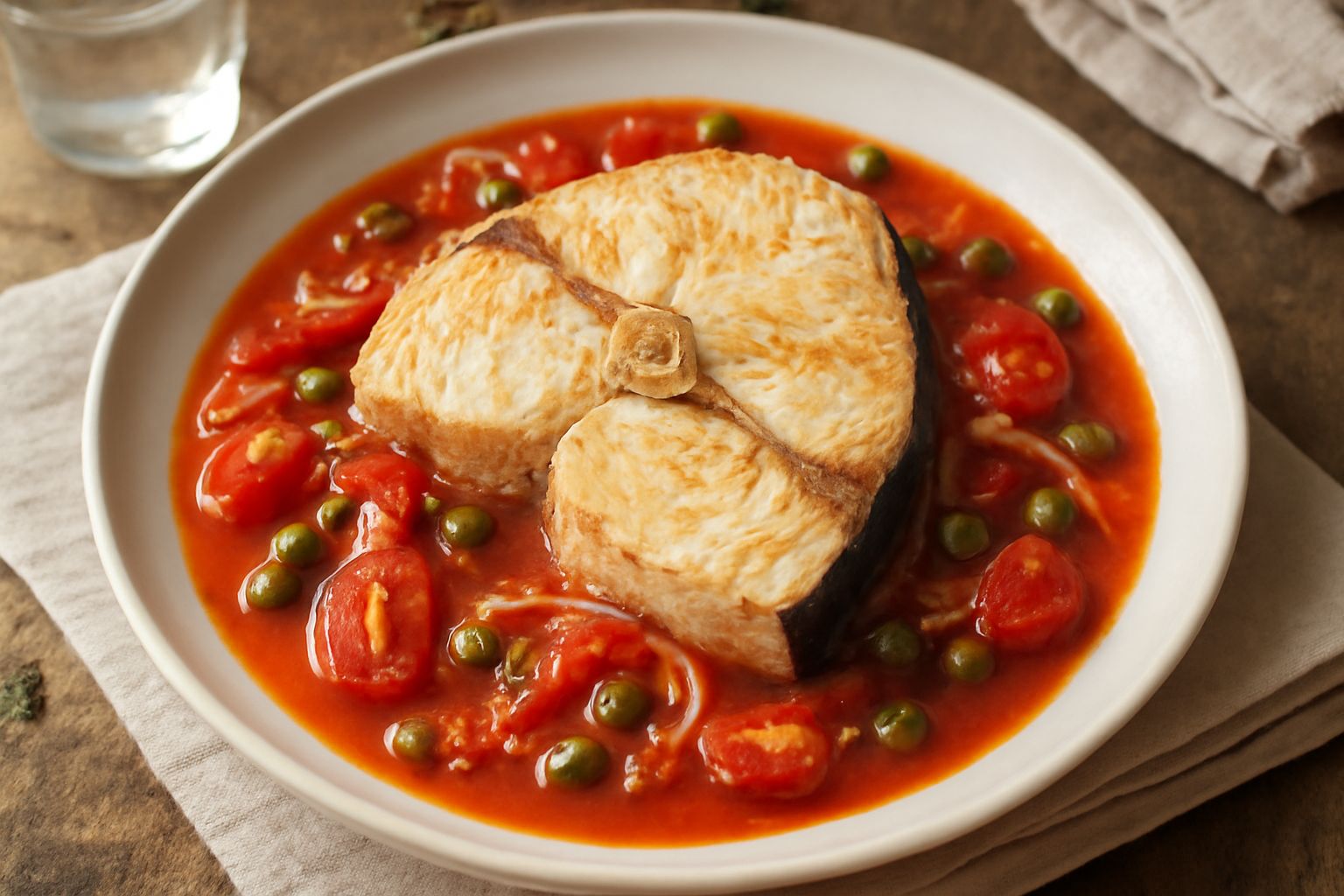 Una fetta di pesce spada dorato su un piatto bianco, ricoperta da una salsa di pomodori rossi, con capperi verdi sparsi, fette di cipolla trasparente, e prezzemolo fresco come guarnizione