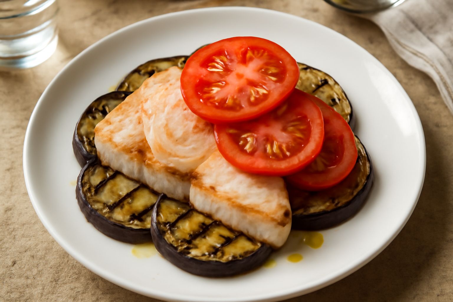 Fetta di pesce spada rosa pallido stesa su letto di melanzane viola scure e grigliate, con pomodori rossi in sfondo, olio lucido in superficie, aglio e basilico verde sui bordi del piatto bianco