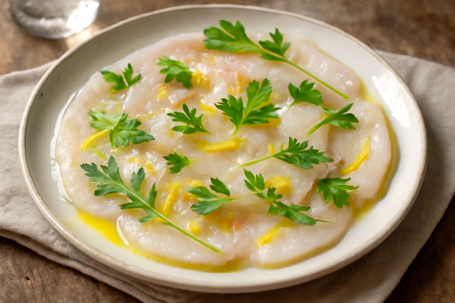 Fette sottili di pesce spada trasparenti disposte a ventaglio su piatto bianco, bagnate di olio giallo pallido, con gocce di limone fresco, capolini di prezzemolo verde e grani di pepe nero visibili s
