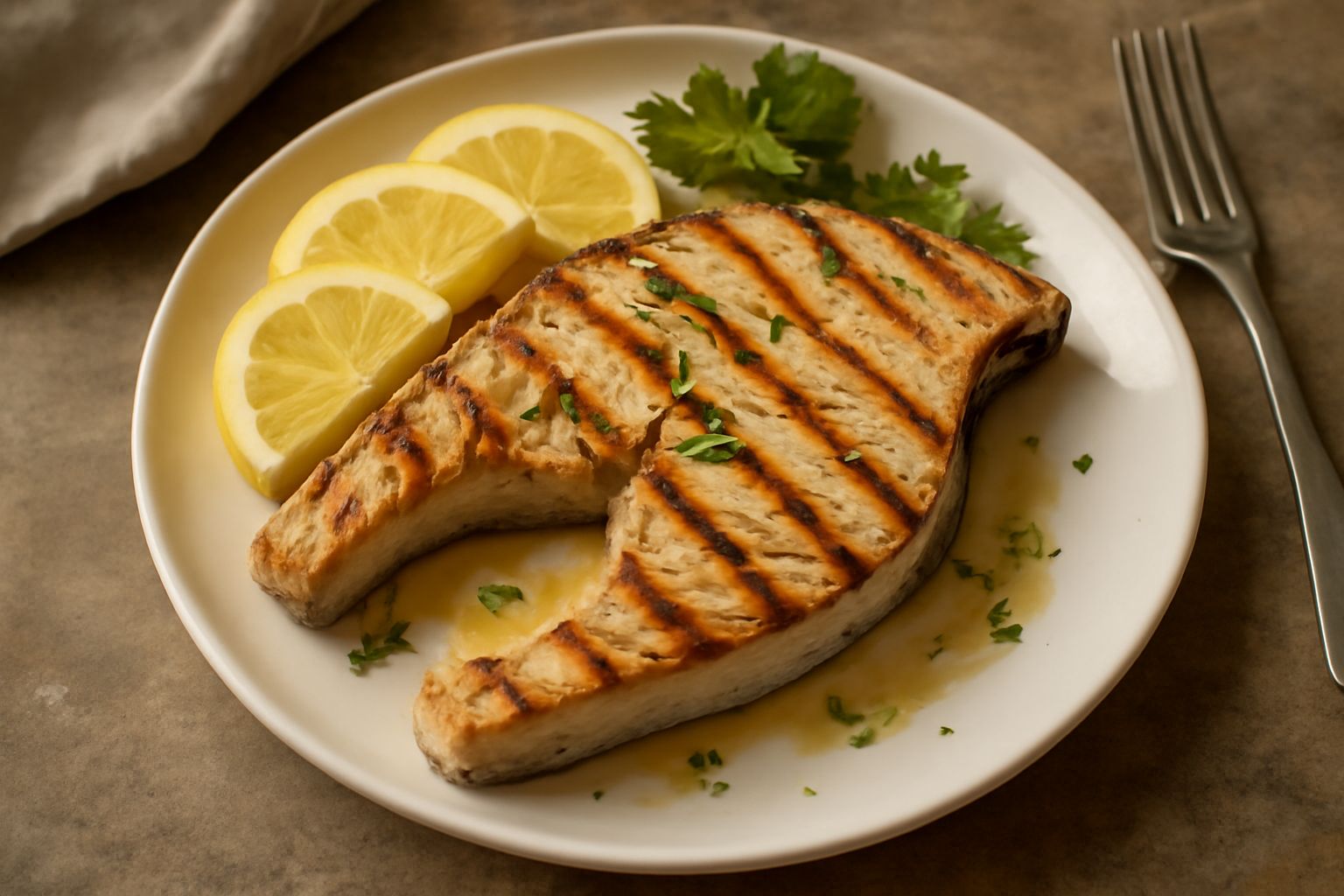 Fette di pesce spada fresco grigliate su una griglia calda, con segni di affumicatura, contornate da limone fresco e prezzemolo