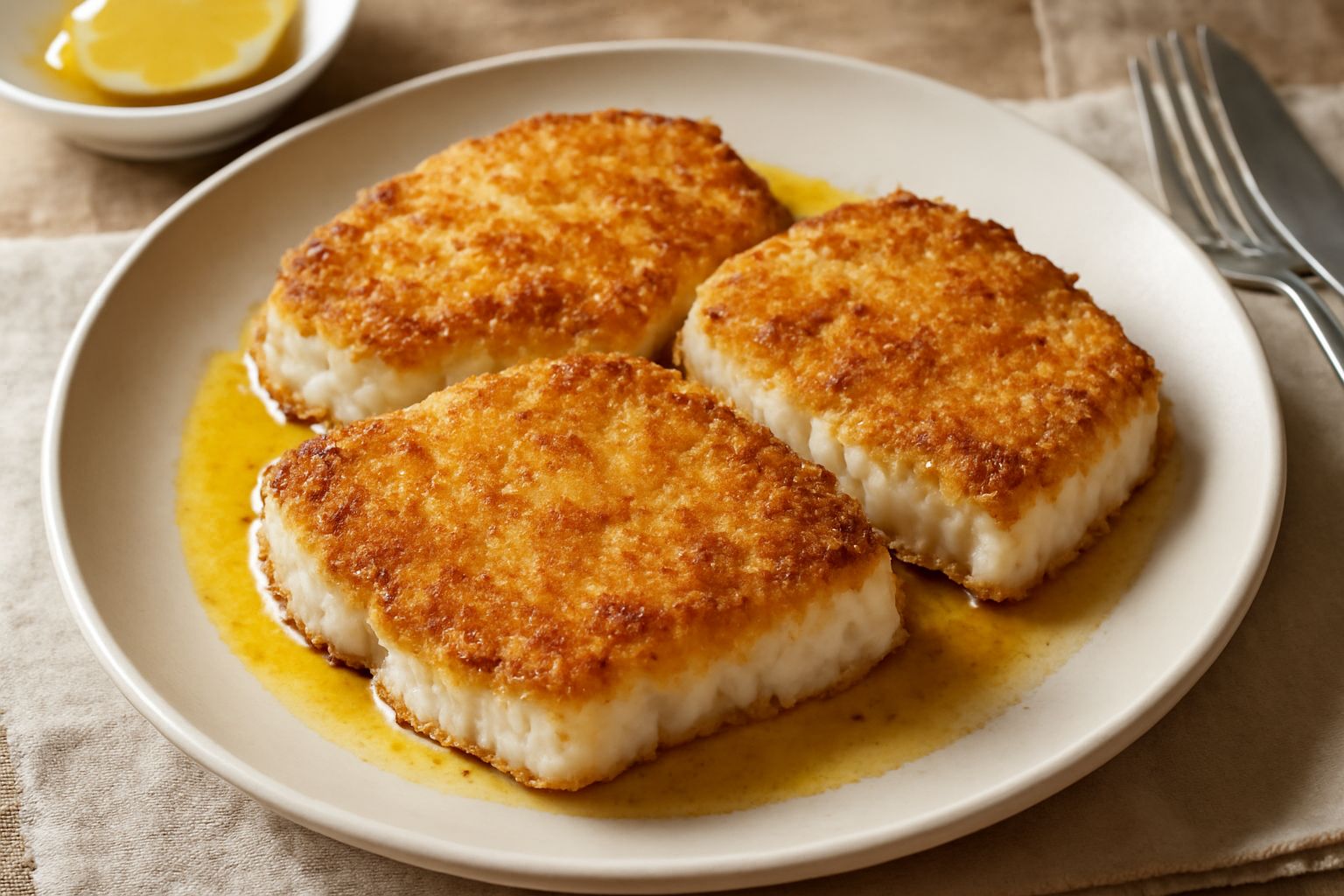 Filetti di pesce spada gratinato con crosticina dorata di pangrattato, guarniti con fettine di limone fresco e prezzemolo, serviti in piatto bianco con contorno di verdure grigliate