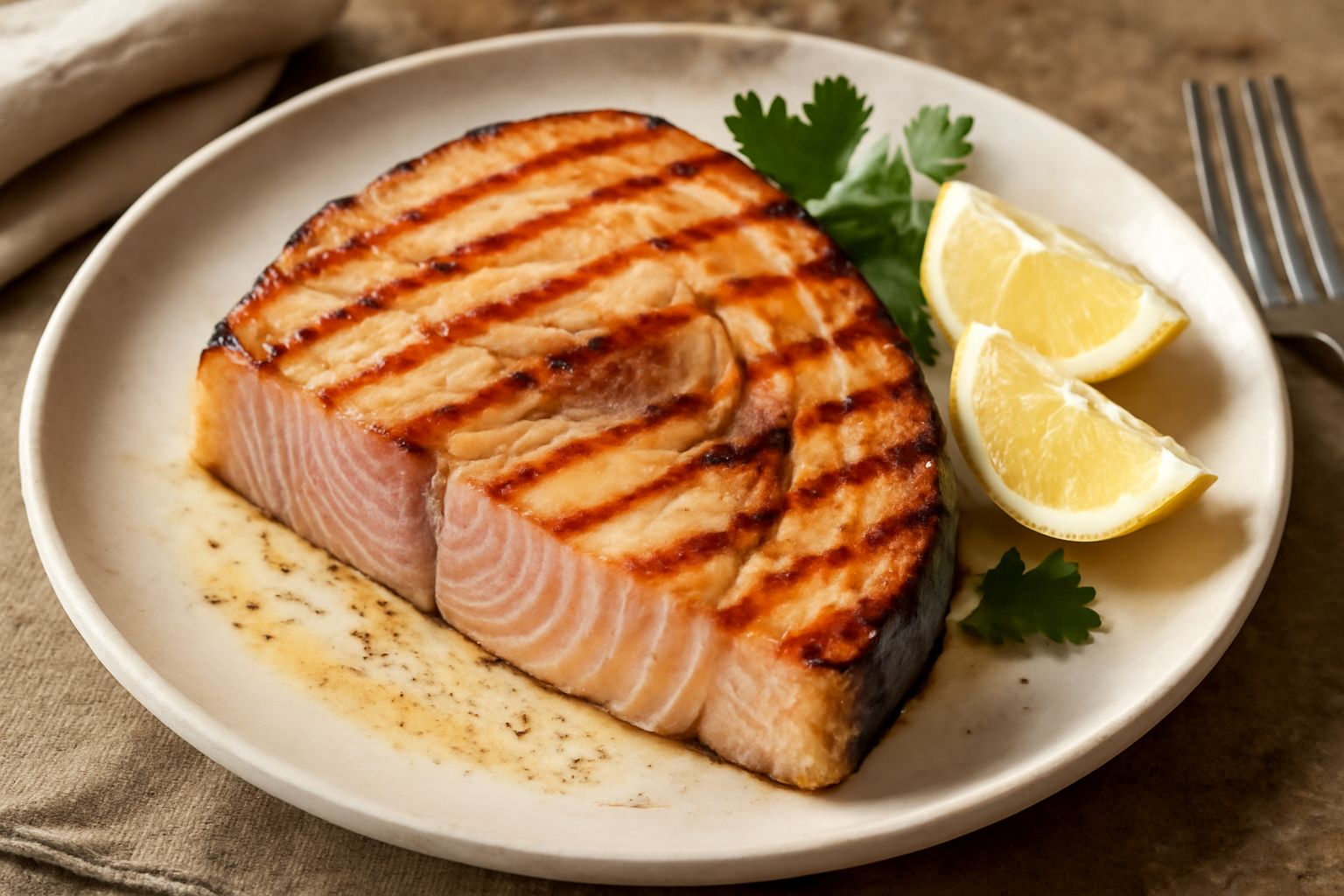 Fetta di pesce spada grigliato da 2,5 cm di spessore, con superficie dorata e striature scure dalla griglia, circondata da limone fresco e prezzemolo verde, servita su piatto bianco con contorno di in