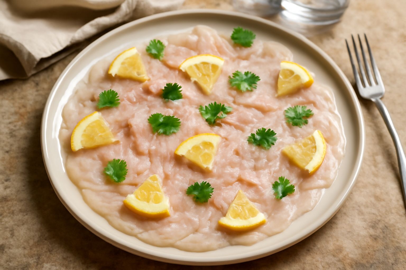 Piatto bianco con fette sottili di pesce spada rosato disposte a ventaglio, condite con olio verde e gocce di limone fresco, decorato con foglie di prezzemolo