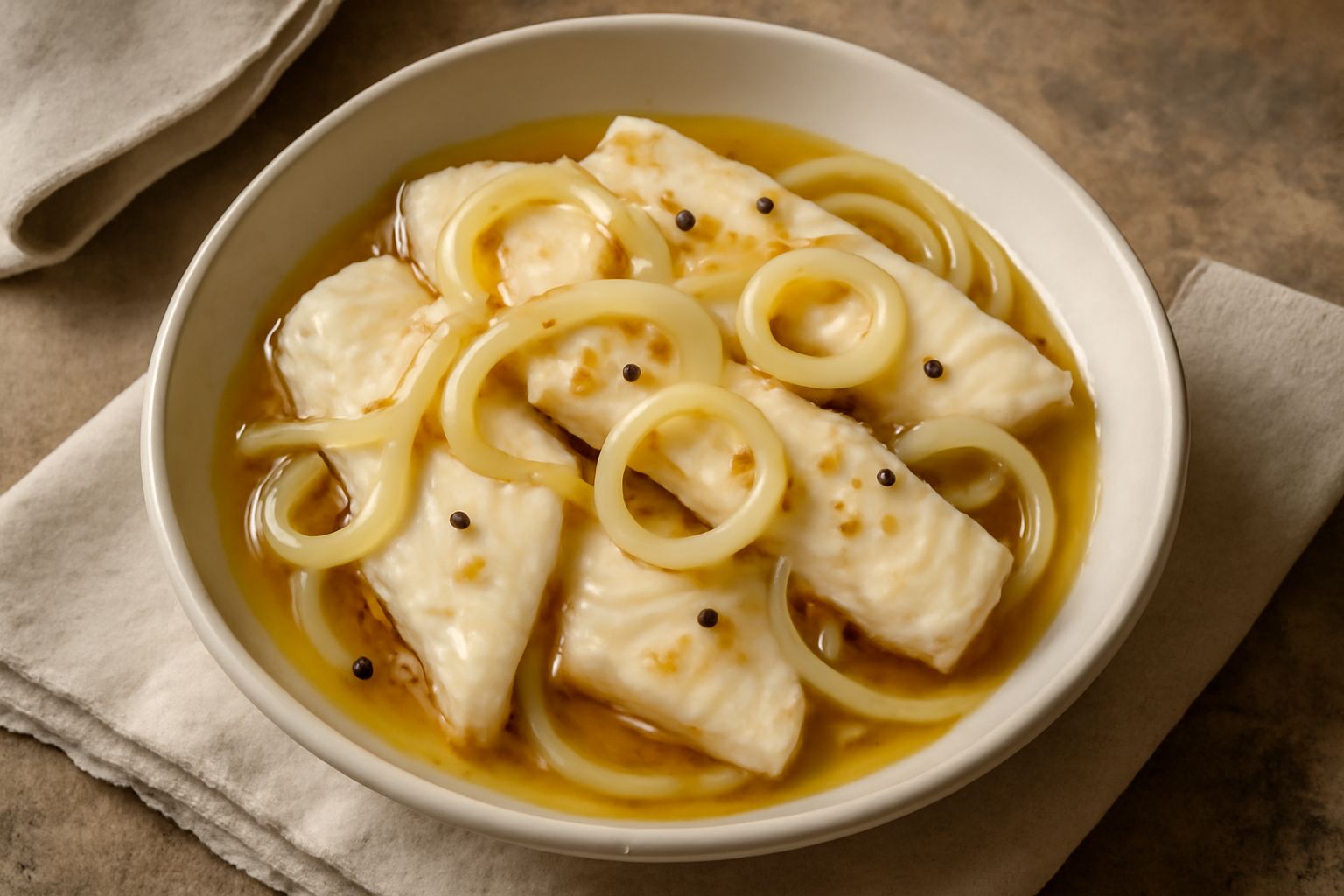 Filetti di pesce spada bianco cremoso marinati in carpione con cipolla gialla affettata sottile, aceto trasparente e spezie nere visibili sulla superficie, disposti in un piatto fondo di ceramica bian
