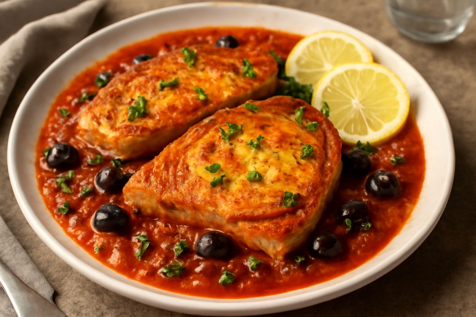 Pesce spada in salsa rosso pomodoro, guarnito con olive nere e capperi verdi, in un piatto bianco con fette di limone a lato e olio d'oliva lucido sulla superficie
