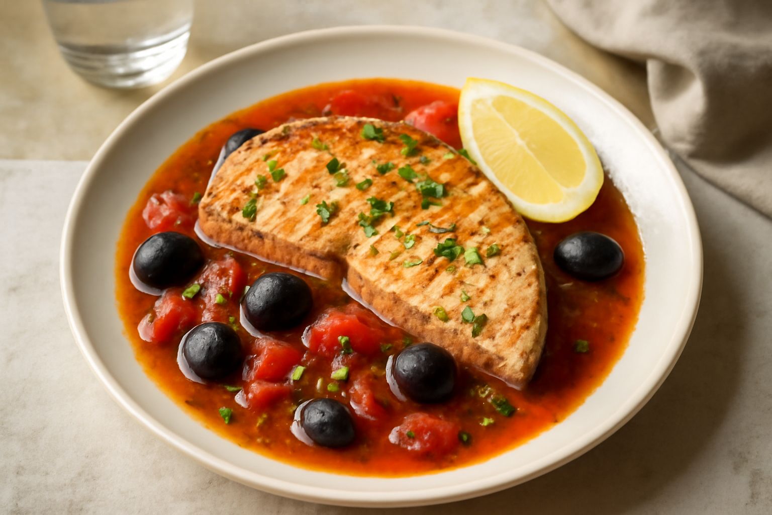 Piatto di pesce spada in umido con filetto bianco e rosa su letto di sugo rosso pomodoro con olive nere e verdure, contornato da prezzemolo fresco e limone affettato