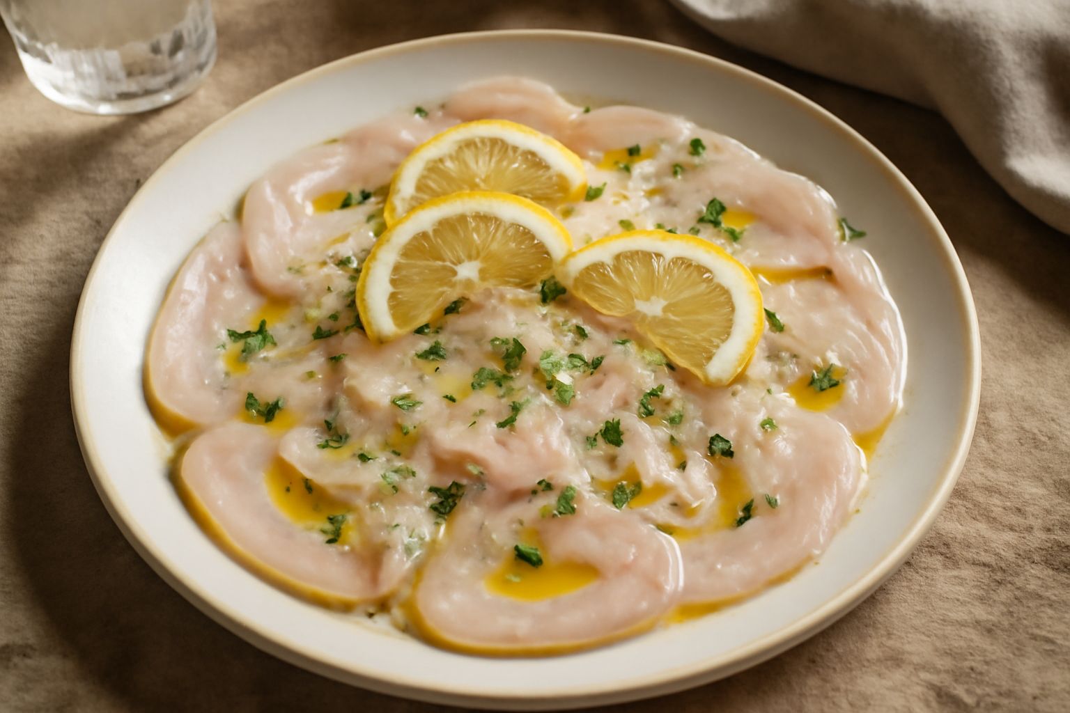 Fette di pesce spada translucido e bianco, disposte a raggiera in un piatto bianco, con gocce di olio dorato, sottili lamelle di limone fresco e prezzemolo verde sparso sopra. Contorno di pane tostato