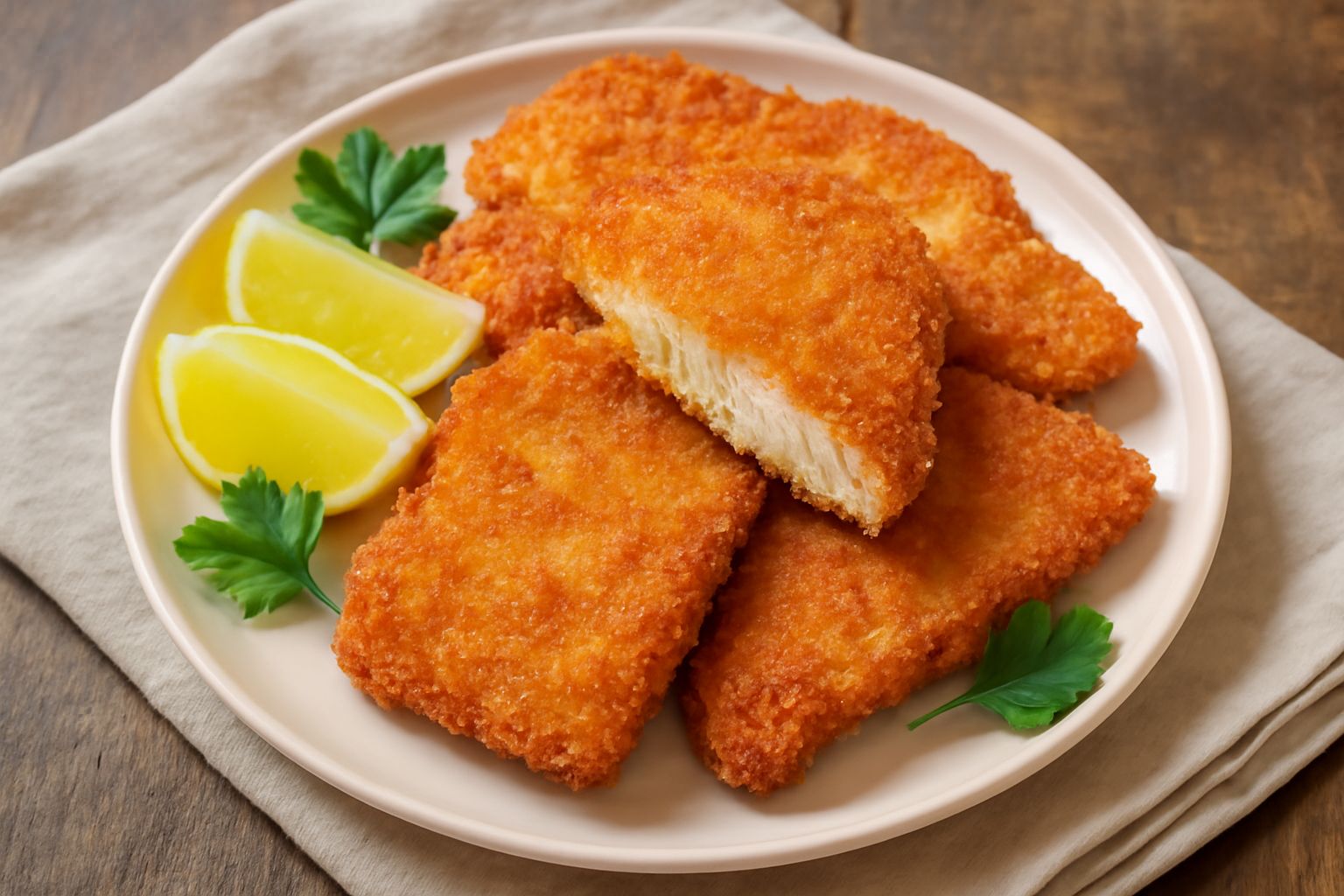 Fette di pesce spada panato dorate e croccanti disposte nel piatto bianco, accompagnate da limone fresco e prezzemolo verde, servite ancora fumanti