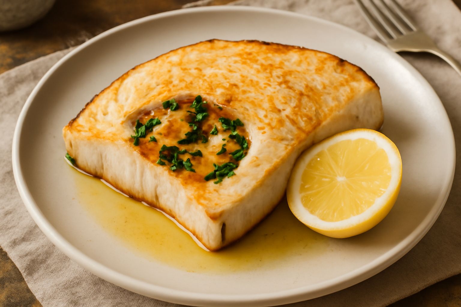 Fetta di pesce spada ripieno dorata e cotta, con ripieno di pane grattugiato e prezzemolo visibile nel taglio, poggiata su piatto bianco con contorno di limone fresco