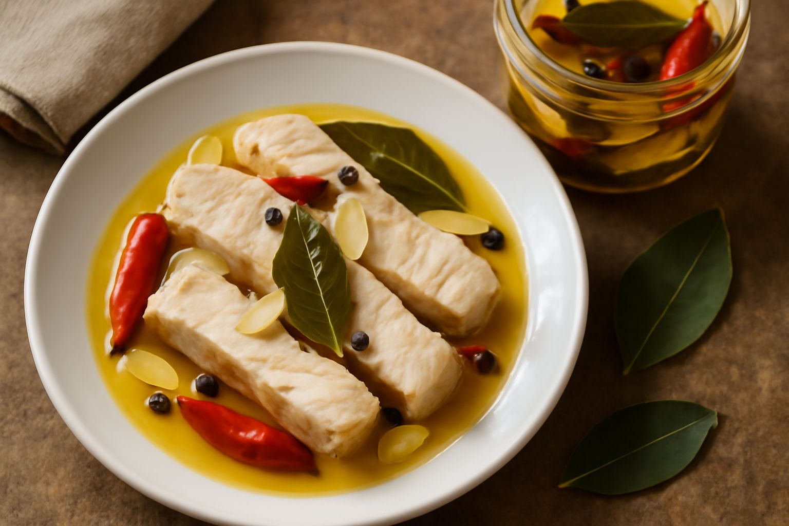 Vasetto di vetro trasparente con pesce spada bianco in olio dorato, fettine uniformi, foglie di alloro e peperoncino rosso sullo sfondo, etichetta bianca con data