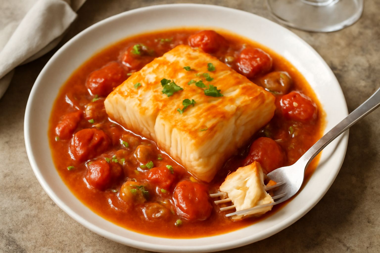Merluzzo stocco già cotto in umido con pomodori rossi, olive nere, peperoni gialli e cipolla bianca in un piatto bianco fondo, olio lucido in superficie, prezzemolo verde come guarnizione