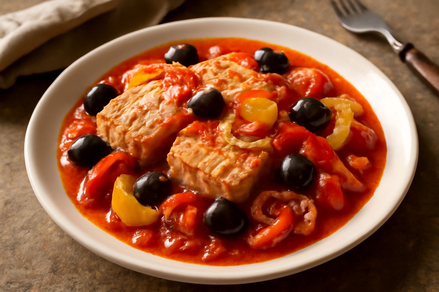 Stocco alla calabrese in piatto fondo bianco: filetti di pesce grigio-beige in salsa di pomodoro rosso vivo, olive nere, peperoni gialli e rossi, cipolla trasparente, prezzemolo verde fresco sparso so
