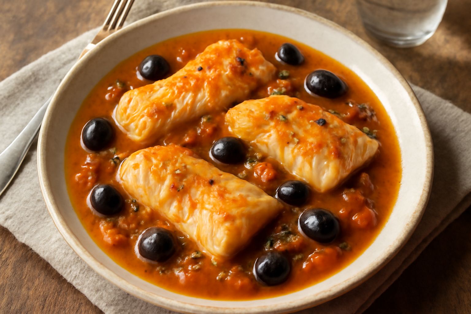 Pesce stocco in umido in una terrina bianca, con salsa di pomodoro arancione, olive nere sparse, sedano e carota visibili nel brodo, pane tostato ai lati