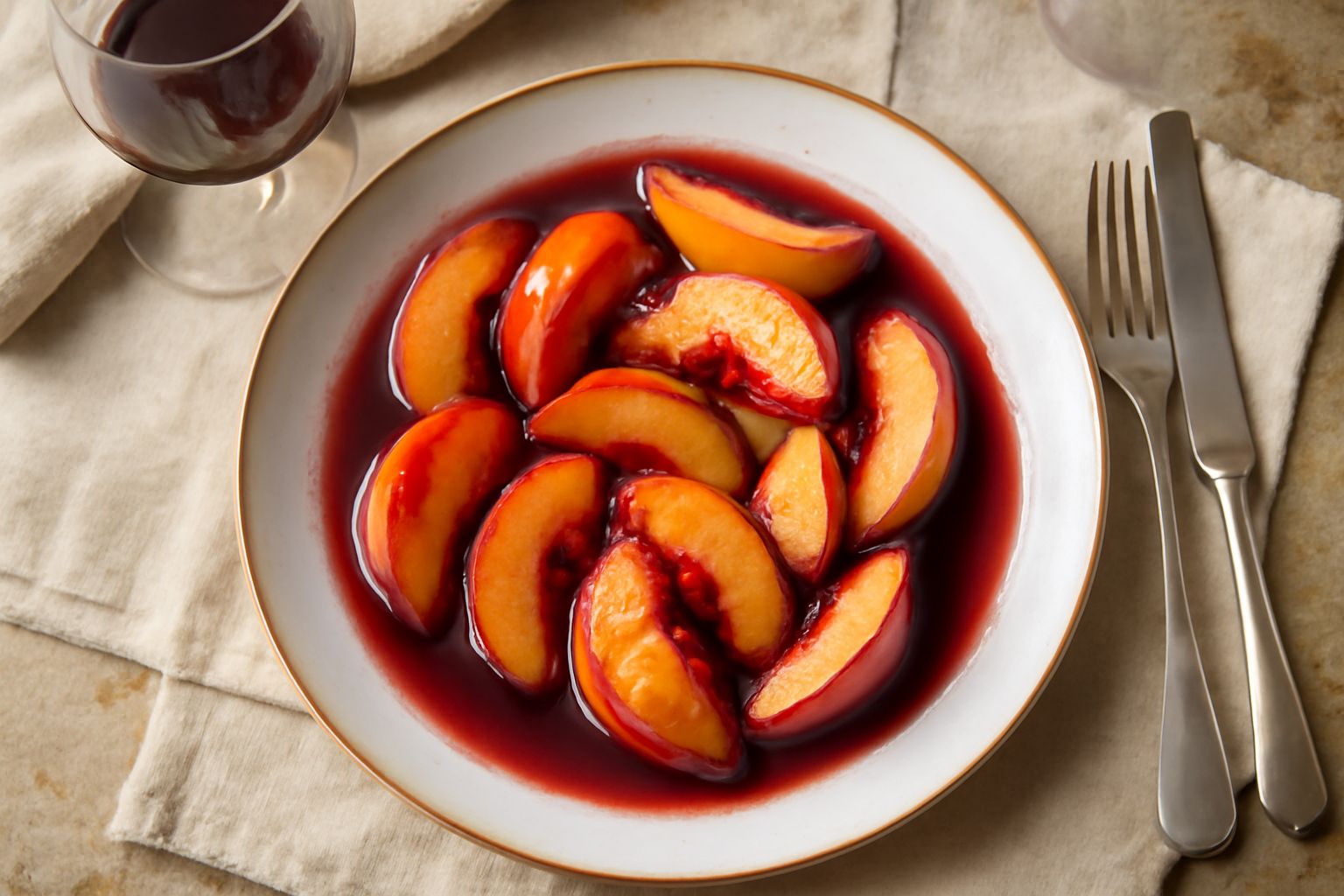 Quattro metà di pesche gialle e rosate immerse in liquido rosso scuro in una ciotola di vetro trasparente, con alcune spezie visibili sul fondo e un bicchiere di vino accanto