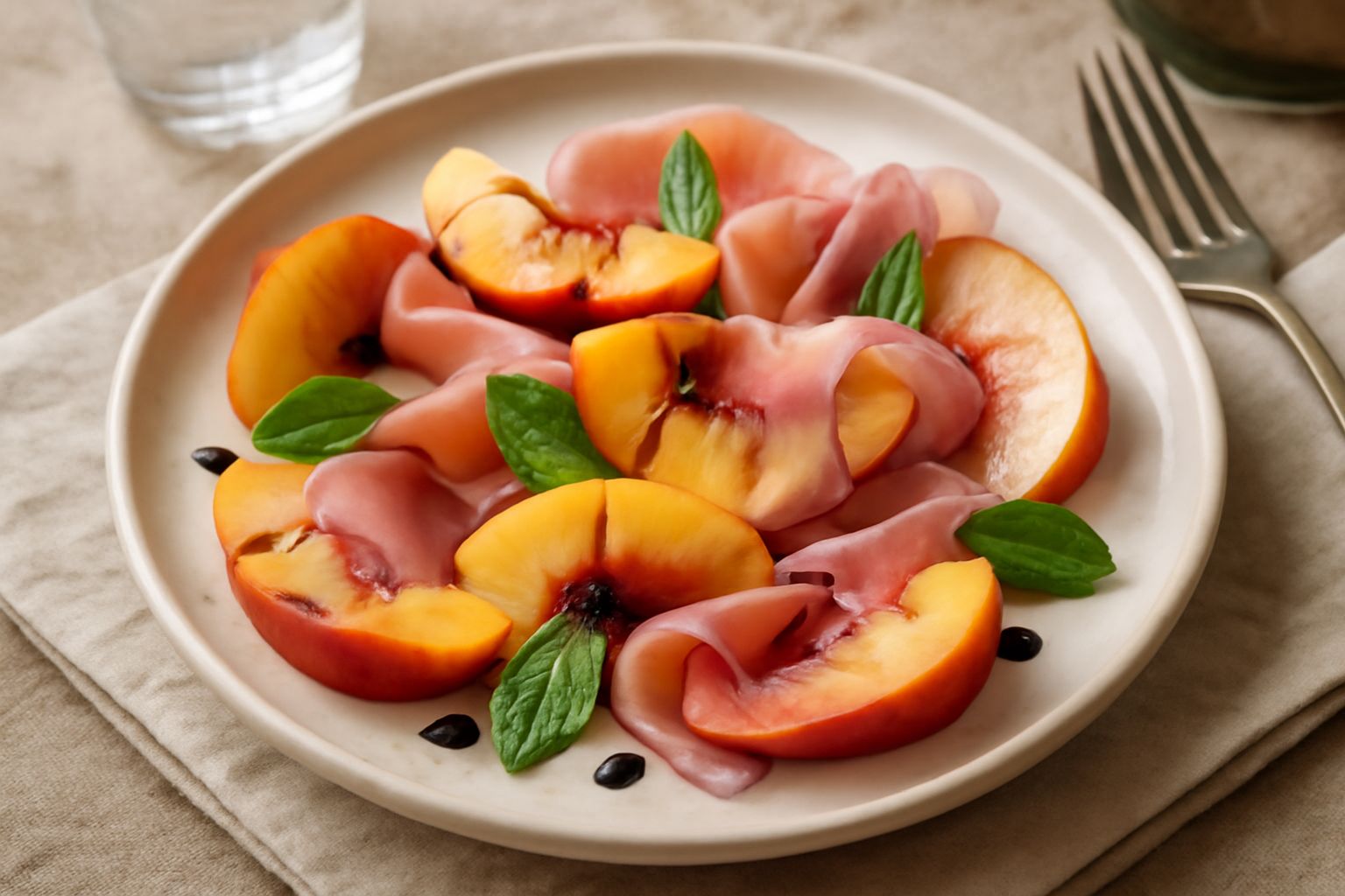 Pesche tagliate a spicchi, di colore giallo e rosso, alternate con fette di prosciutto crudo delicate, su un piatto bianco con una leggera guarnizione di menta fresca